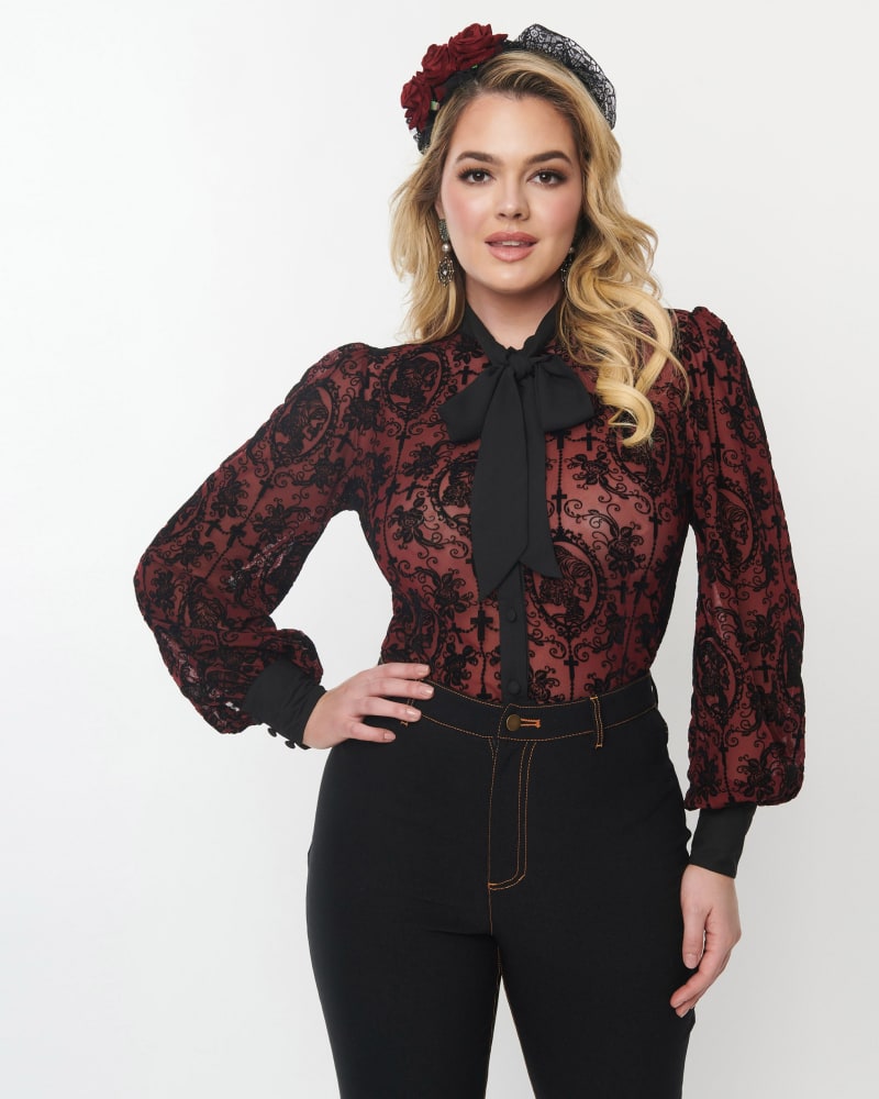 Front of a model wearing a size 3X Unique Vintage Burgundy & Black Flocked La Catrina Gwen Blouse in Burgundy, Black by Unique Vintage. | dia_product_style_image_id:301872
